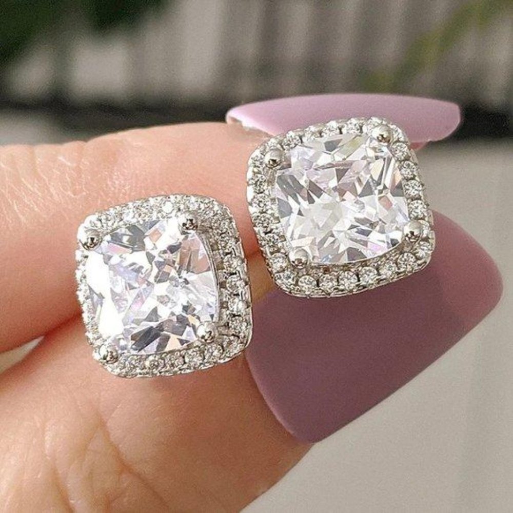 NEW Silver Cushion Diamond Halo Stud Earrings - Picture 2 of 7